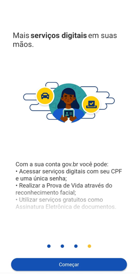 Segunda tela de início, deslize para a esquerda e, na última, clique em “Começar”.