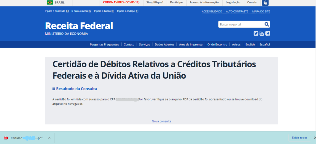 Tela do site da receita para baixar o arquivo