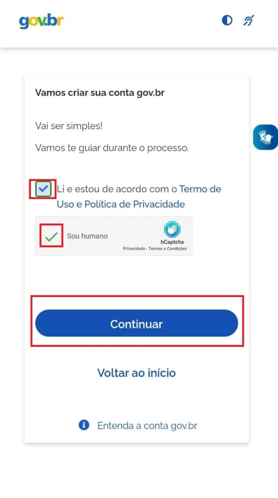 Tela de cadastro com CPF aplicativo Meu Gov.br clique em “Continuar”