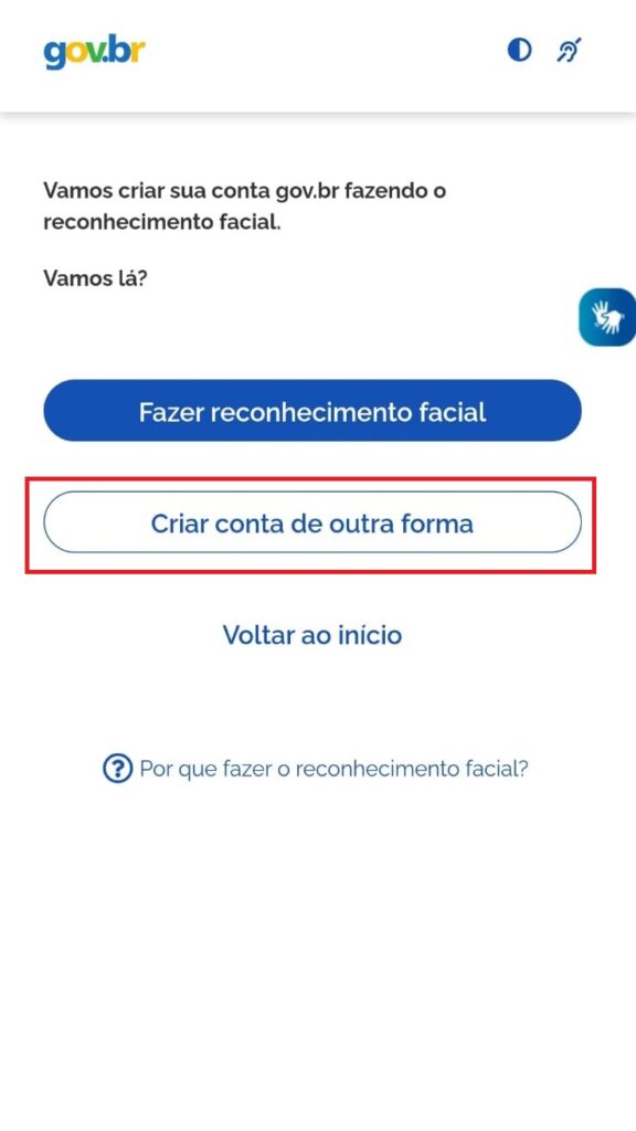 Tela de cadastro com CPF aplicativo Meu Gov.br clique em “Criar conta de outra forma”