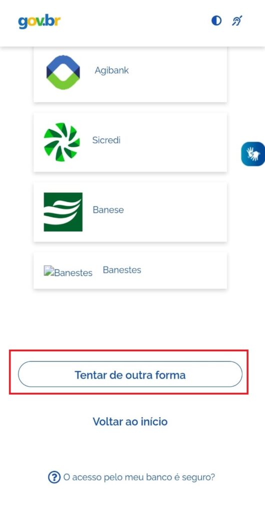 Tela de cadastro com CPF aplicativo Meu Gov.br clique em “Tentar de outra forma”