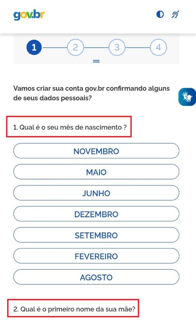 Tela de cadastro com CPF aplicativo Meu Gov.br preencha “Qual seu mês de aniversário”, "qual é o primeiro nome da sua mãe"