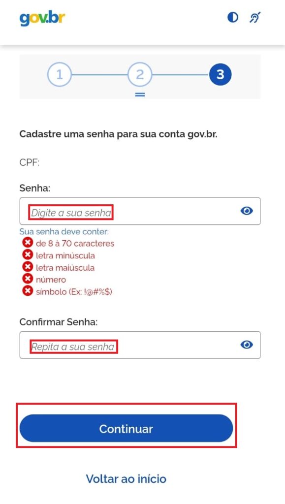 Tela de recuperar senha com celular do aplicativo Meu Gov.br , digite a sua senha e repita a sua senha, depois clique em "Continuar"
