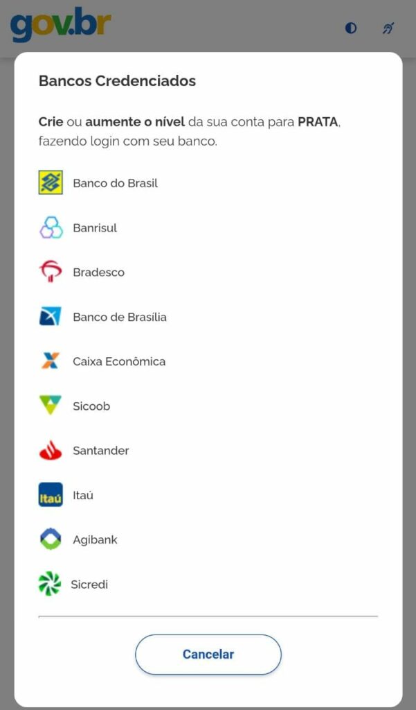 Tela de Bancos Credenciados do aplicativo Meu Gov.br selecione um banco