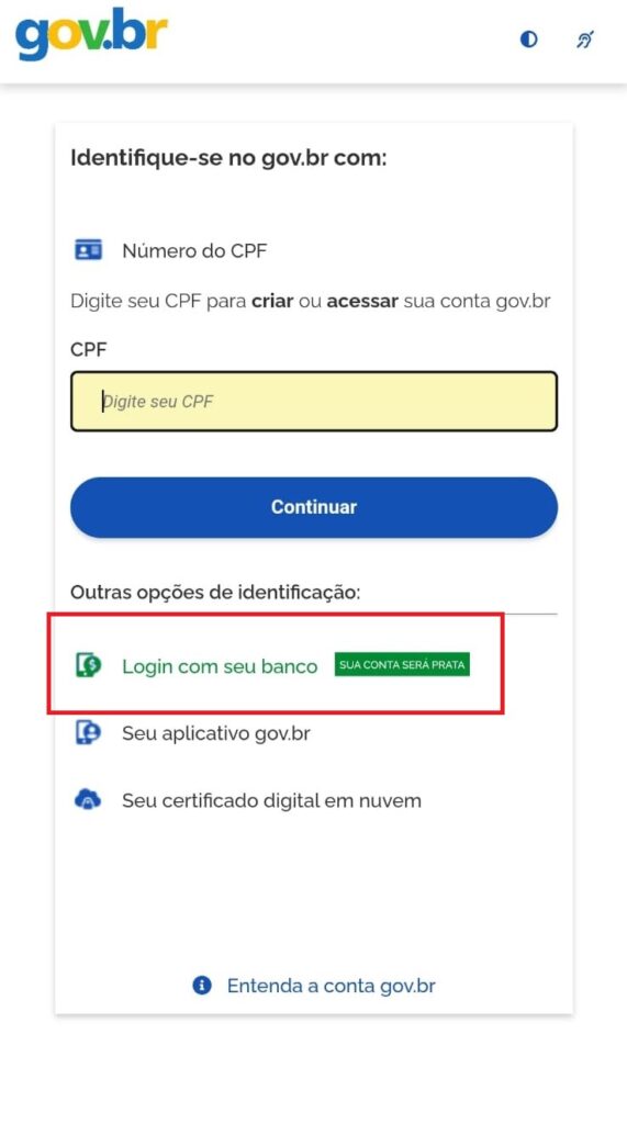 Tela de cadastro do aplicativo Meu Gov.br clique em “Login com seu banco”