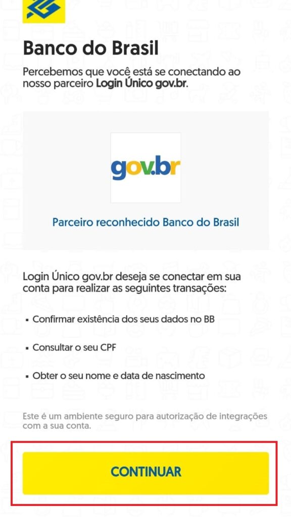 Tela do login Banco do Brasil do aplicativo Meu Gov.br clique em “Continuar