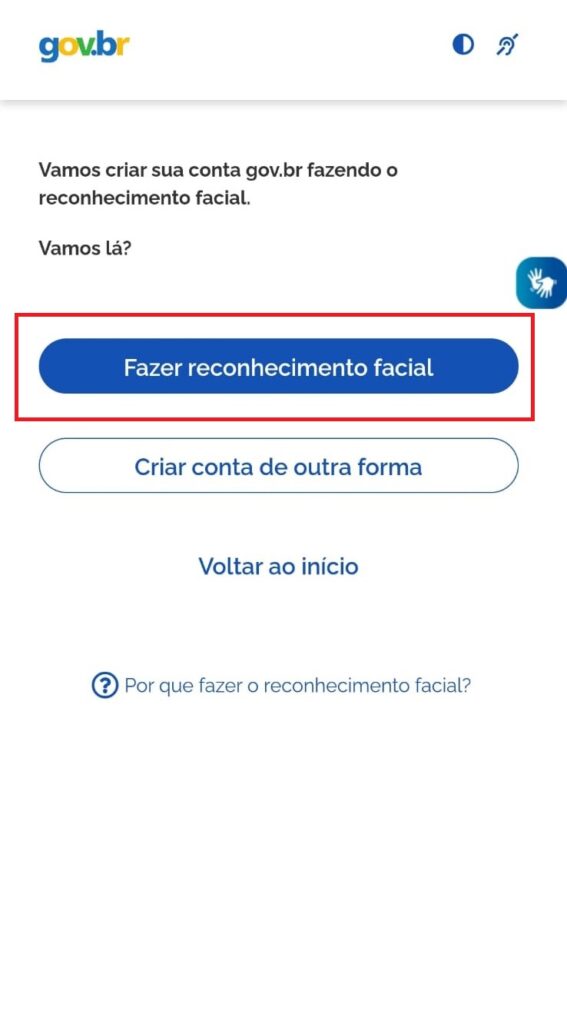 Tela de cadastro com reconhecimento facial aplicativo Meu Gov.br clique em “Fazer reconhecimento facial”