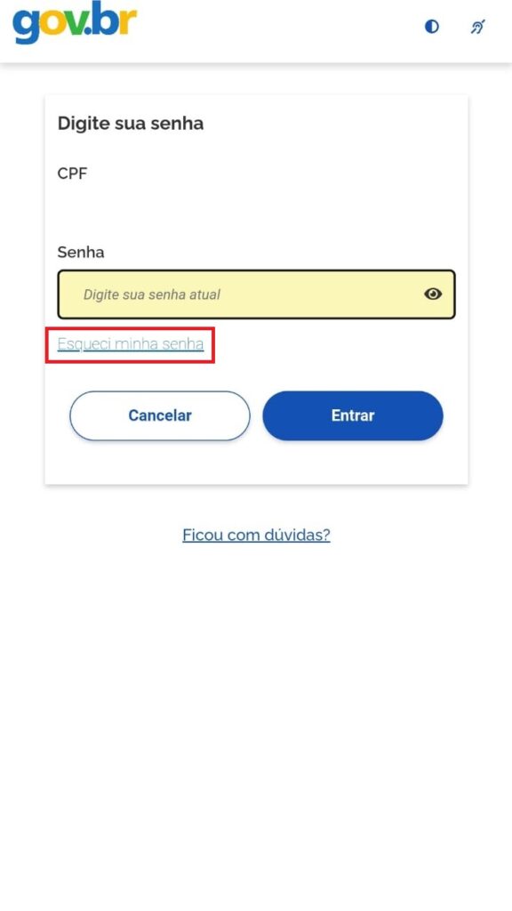 Tela inicial do aplicativo Meu Gov.br, e clique em “Esqueci minha senha”