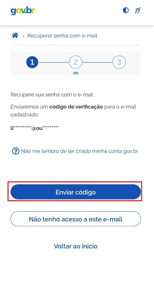 Tela de recuperar senha com e-mail do aplicativo Meu Gov.br , clique em “Enviar código"