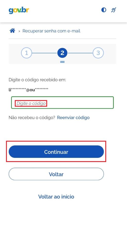 Tela de recuperar senha com e-mail do aplicativo Meu Gov.br , digite o código e clique em “Continuar"