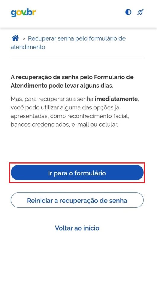 Tela de recuperar senha pelo formulário de atendimento do aplicativo Meu Gov.br , clique em "Ir para o formulário"