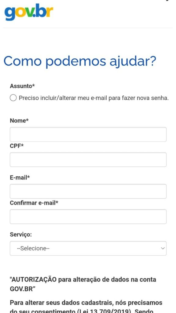 Tela de recuperar senha pelo formulário de atendimento do aplicativo Meu Gov.br , insira os dados