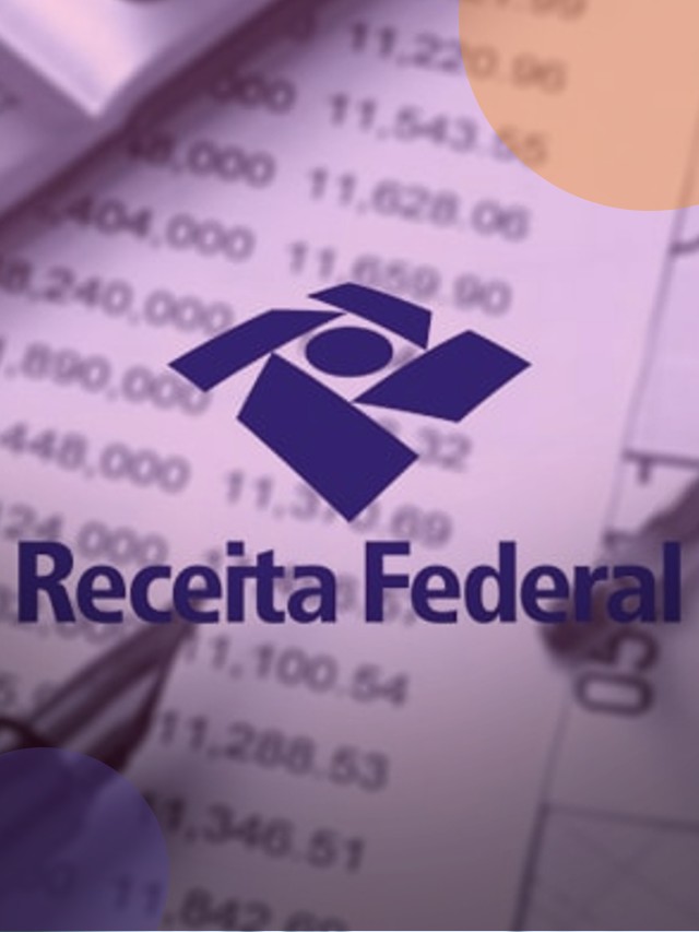 Imagem com fundo em papeis e logo da receita federal