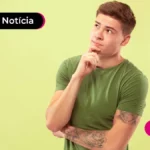 Pessoa com camisa verde e mão no queixo com expressão facial de dúvida.