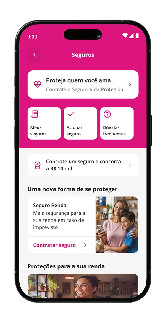 Saiba como ter mais proteção Passo 2: Na tela de Seguros, clique na aba "Meus seguros" para ver suas oportunidades.