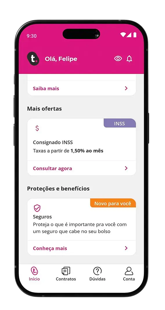 Saiba como ter mais proteção Passo 1: Após se cadastrar no app meutudo, role até a seção "Seguros" na tela inicial. Então clique em "Conheça mais".