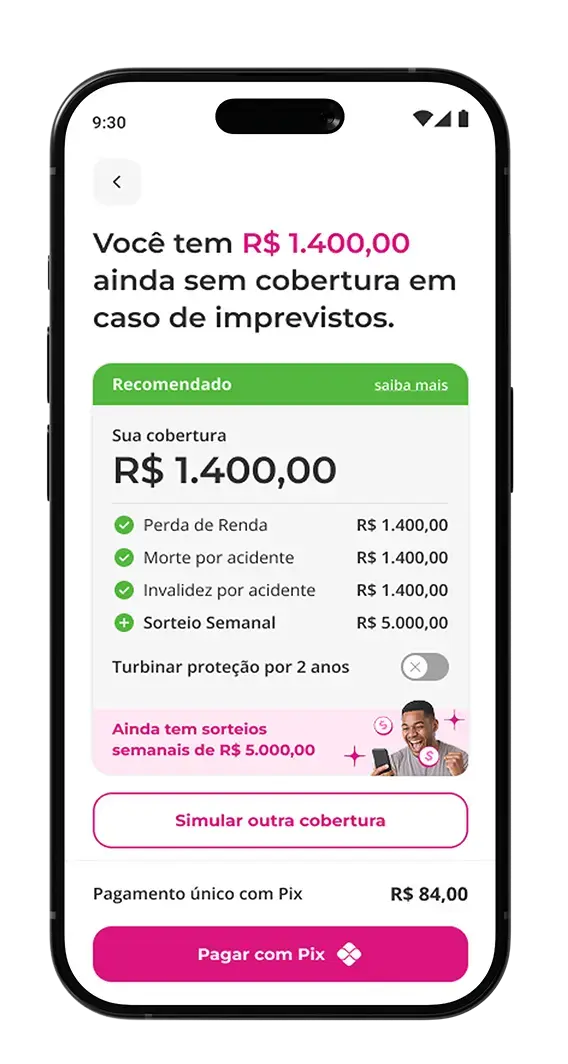 Saiba como ter mais proteção Passo 4: Neste momento você verá detalhes sobre o Seguro Renda Protegida. Então, poderá clicar em "Simular outra cobertura" para personalizar seu seguro.