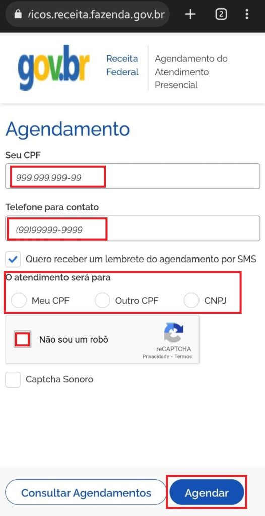 Imagem mostrando os campos que devem ser preenchidos para fazer um agendamento