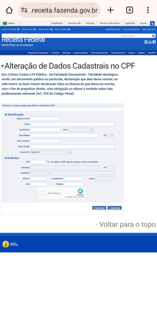 imagem de "alteração de dados cadastrar no cpf" do site da receita federal