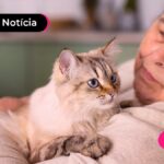 Pessoa sorrindo com gato no colo.