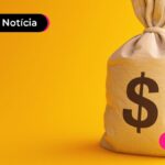 Ilustração de saco com ilustração de dinheiro no meio e fundo amarelo.
