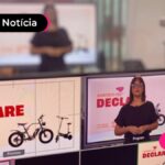 Duas telas de computador com ilustração escrito "Sorteio declare" e ilustração de moto ao lado.