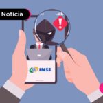 Ilustração de golpista utilizando simbolo do INSS para enganar segurados.