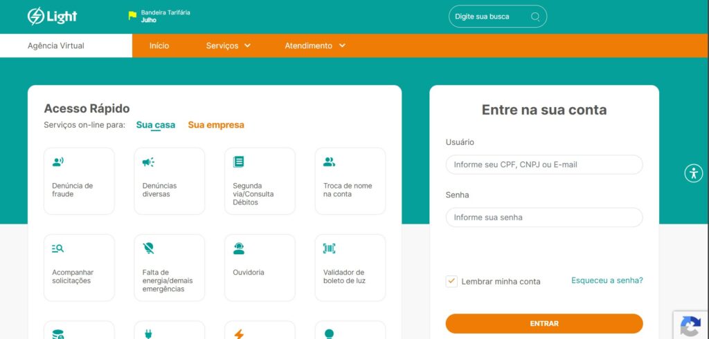 Tela de login da conta Light.