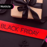 Sacola preta com faixa vermelha e ilustração da Black Friday.