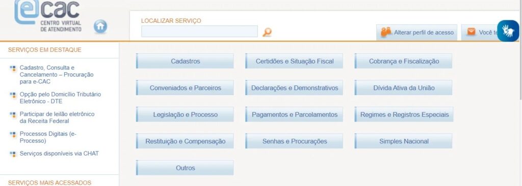 Site e-Cac em tela para consultar certidões e situação fiscal.