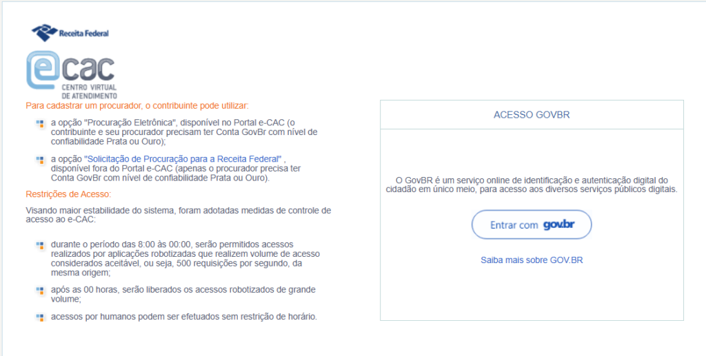 Tela principal do site e-Cac para consultar pendências financeiras.