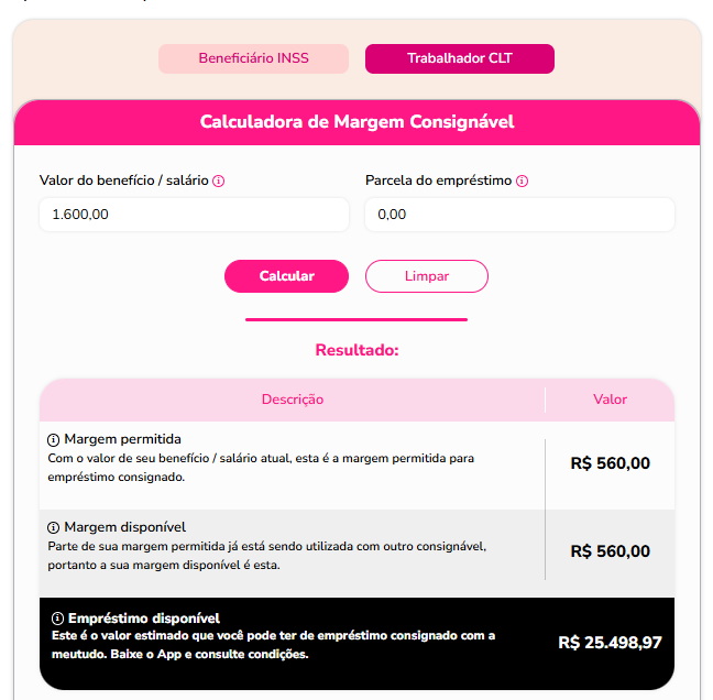 Exemplo de cálculo da margem consignável disponível para quem recebe R$ 1.600.