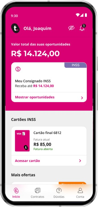 Na meutudo você tem acesso à sua fatura  Passo 1: Acesse a tela de cartões
Na tela principal, localize a seção "Cartões INSS" e toque em "Acessar cartão"