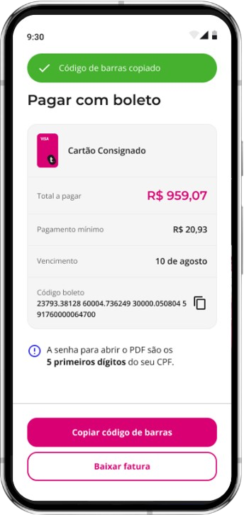 Na meutudo você tem acesso à sua fatura  Passo 4: Faça o pagamento da fatura
Na última tela, você encontra o código de barras. Use o botão "Copiar código de barras" ou "Baixar fatura" para finalizar o pagamento