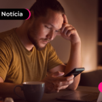 Pessoa olhando para celular com expressão triste.