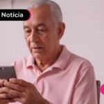 Homem idoso olhando para celular com expressão séria.
