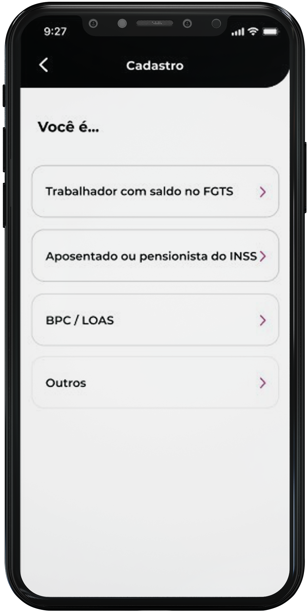 Aplicativo de empréstimo online confiável Passo 2: Escolha o tipo de benefício que você deseja associar ao seu cadastro na meutudo.