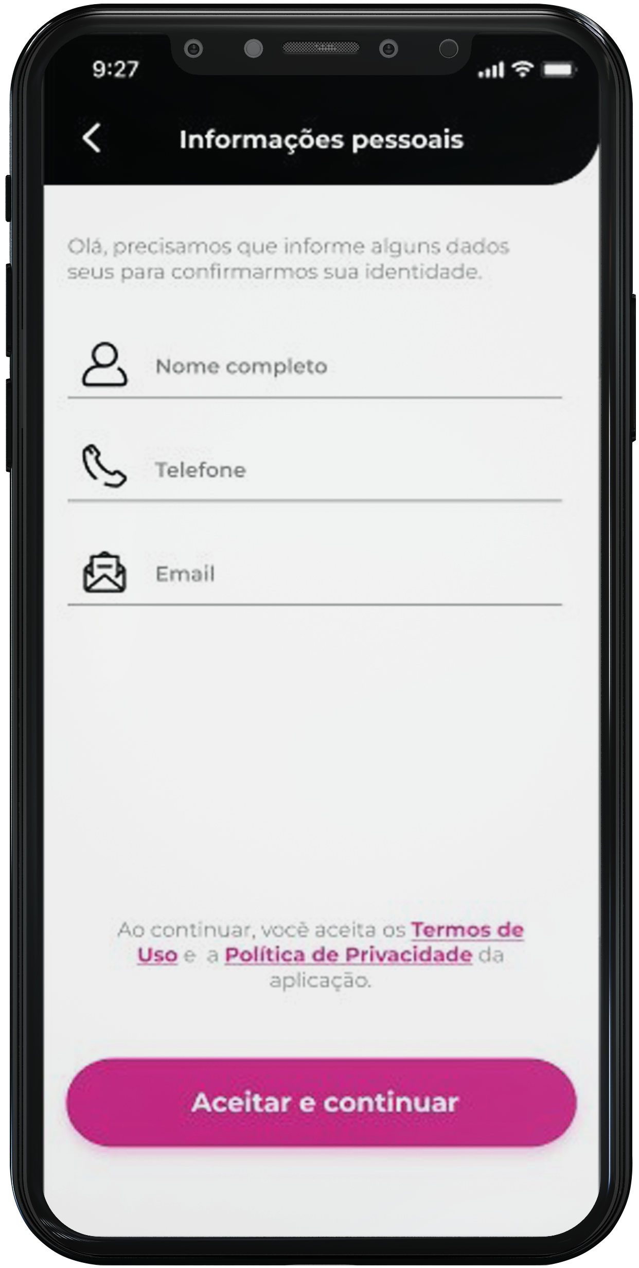 Aplicativo de empréstimo online confiável Passo 3: Informe seu nome completo, número de celular e e-mail que você tenha acesso fácil. Em seguida, leia os termos e, caso esteja de acordo, clique no botão “Aceitar e Continuar”.