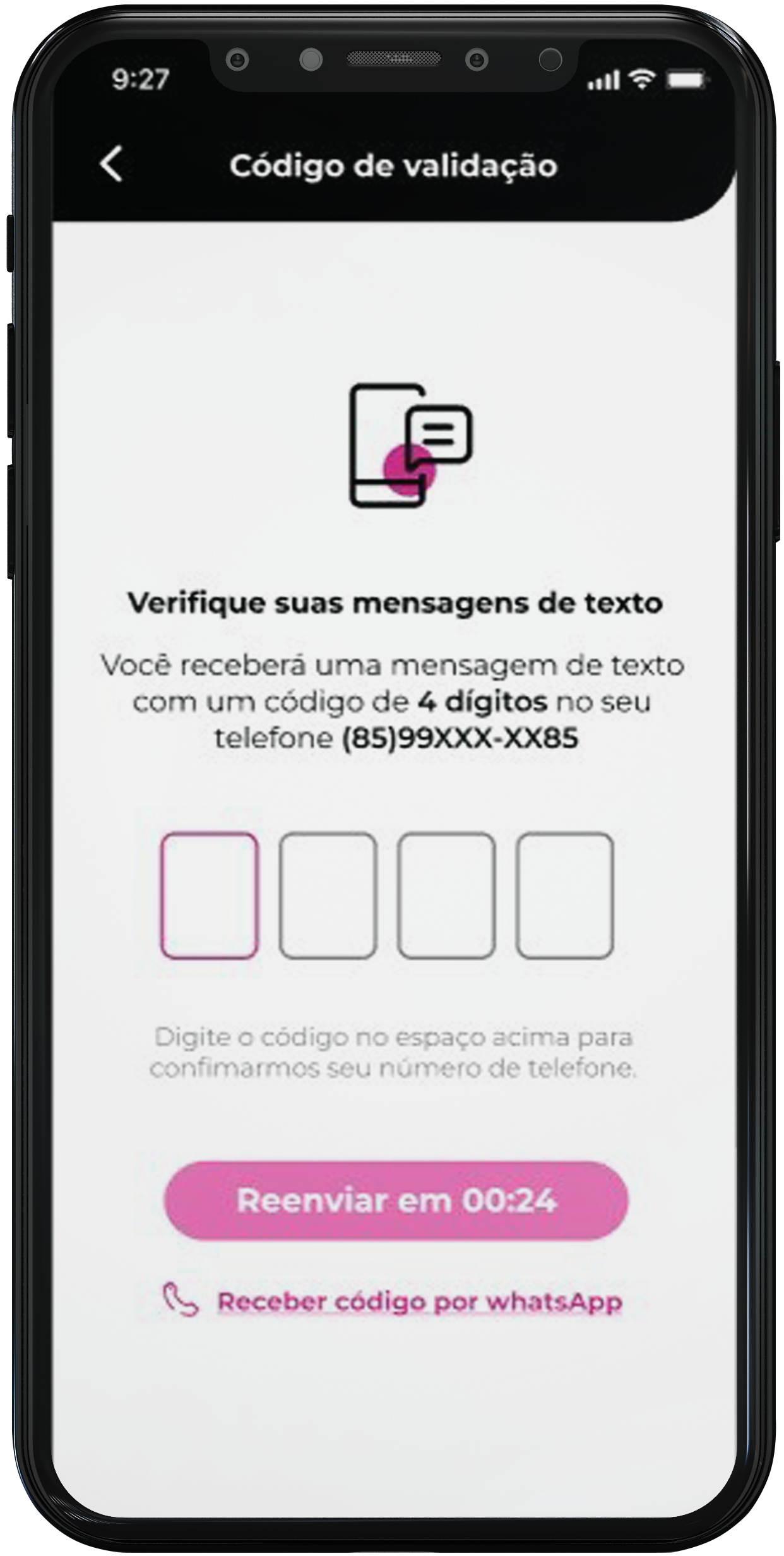 Aplicativo de empréstimo online confiável Passo 5: Um código de 4 dígitos será enviado por SMS para o número de celular cadastrado. Insira o código no aplicativo e continue.