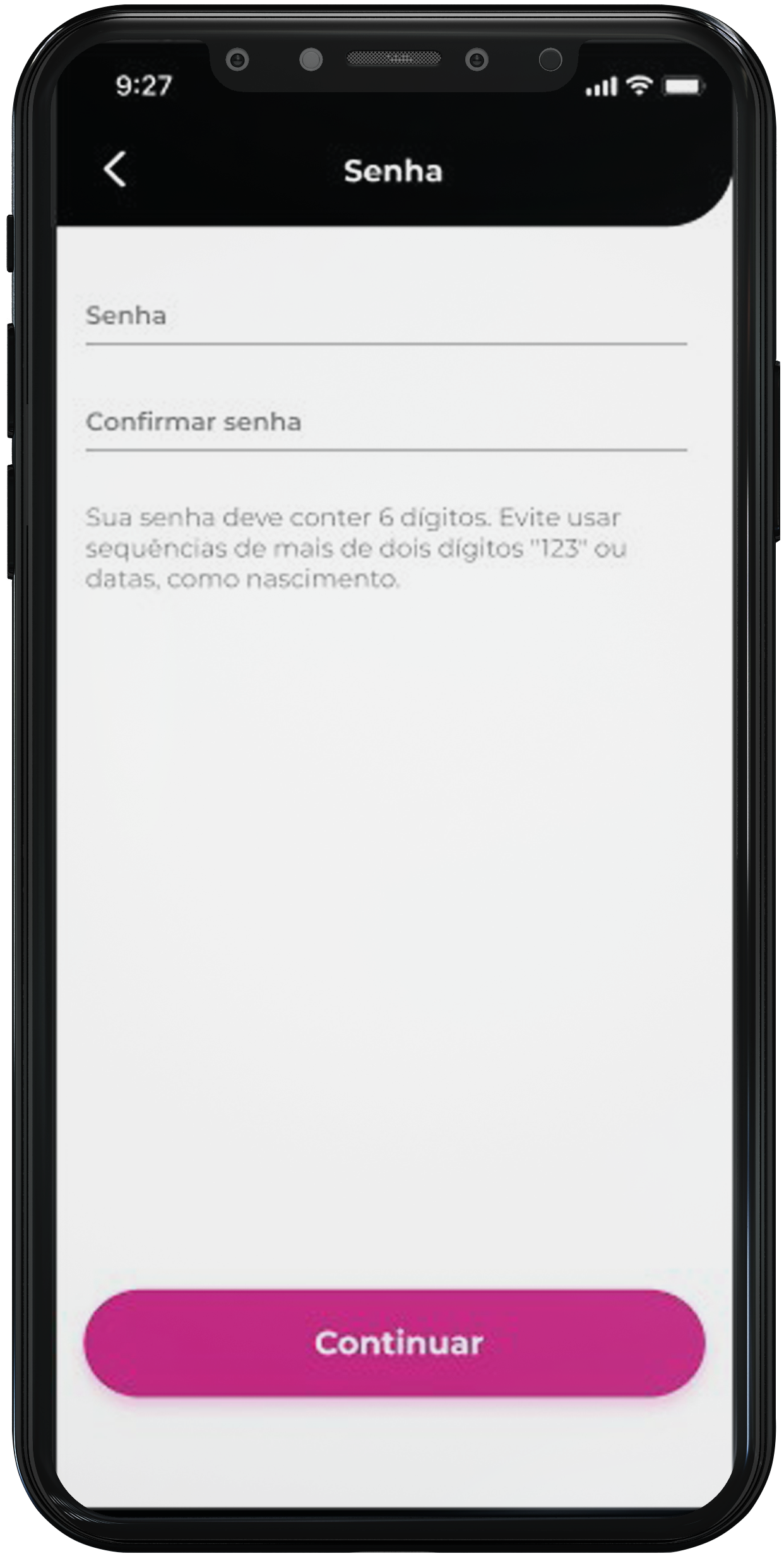 Aplicativo de empréstimo online confiável Passo 6: Para finalizar, crie uma senha de acesso para seu cadastro, seguindo as instruções na tela. Lembre-se de guardar a senha em segurança. Em seguida, clique no botão “Continuar”.