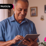 Homem idoso olhando para tablet com expressão feliz.