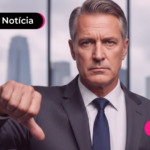 Homem com expressão séria apontando polegar para baixo.