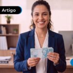 Mulher feliz segurando notas de 100 R$.