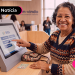 Mulher idosa sorrindo em agência.