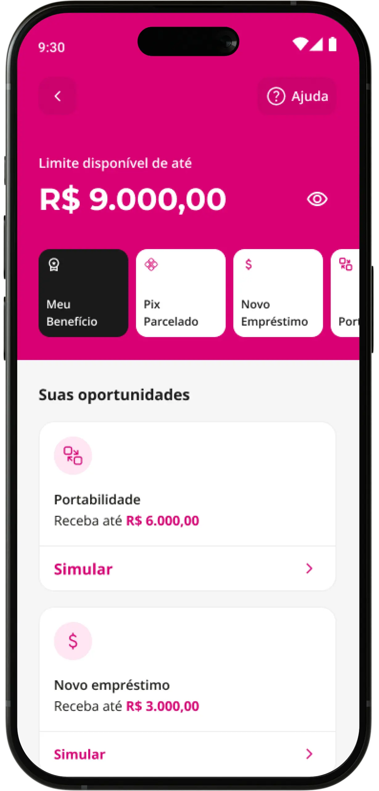 Como fazer a portabilidade de consignado INSS no app meutudo? Passo 2: Nessa tela, clique em Simular no card "Portabilidade".
