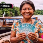 Mulher idosa segurando notas de dinheiro.