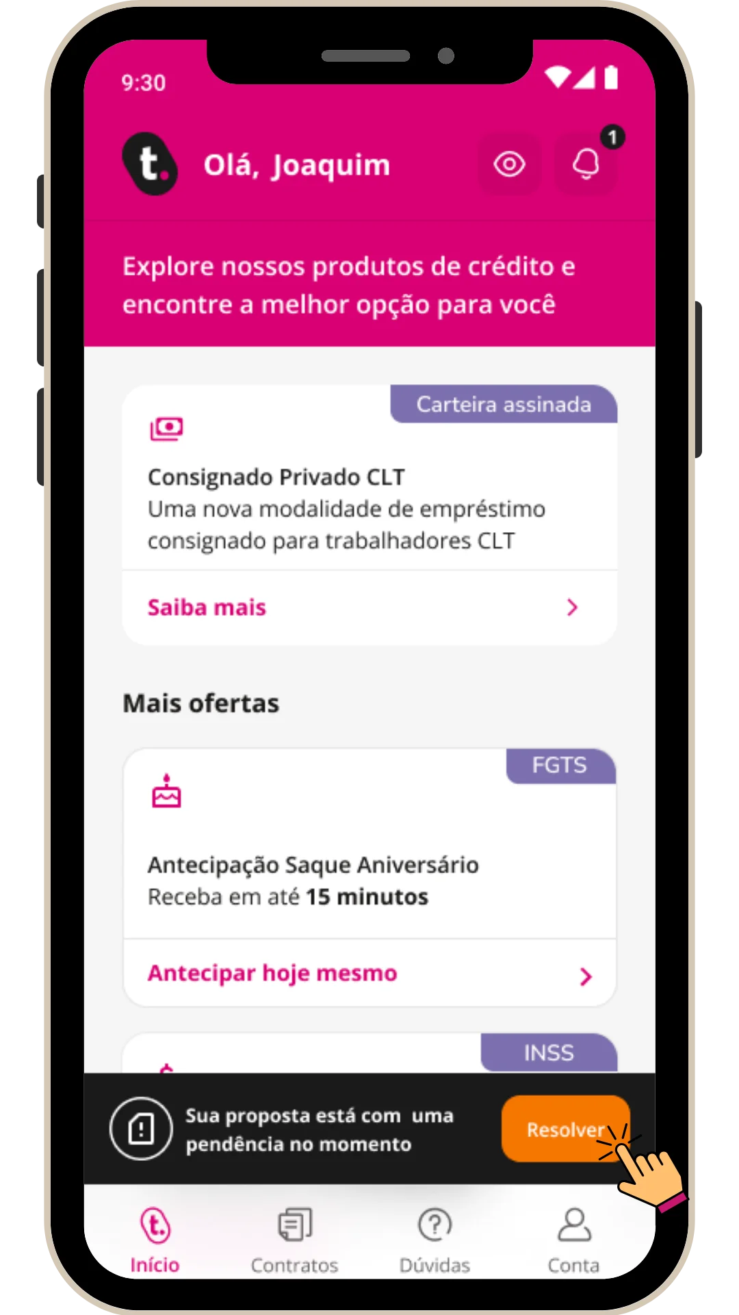 Na tela inicial do aplicativo, localize a barra preta inferior com o aviso de pendência e toque no botão laranja "Resolver"