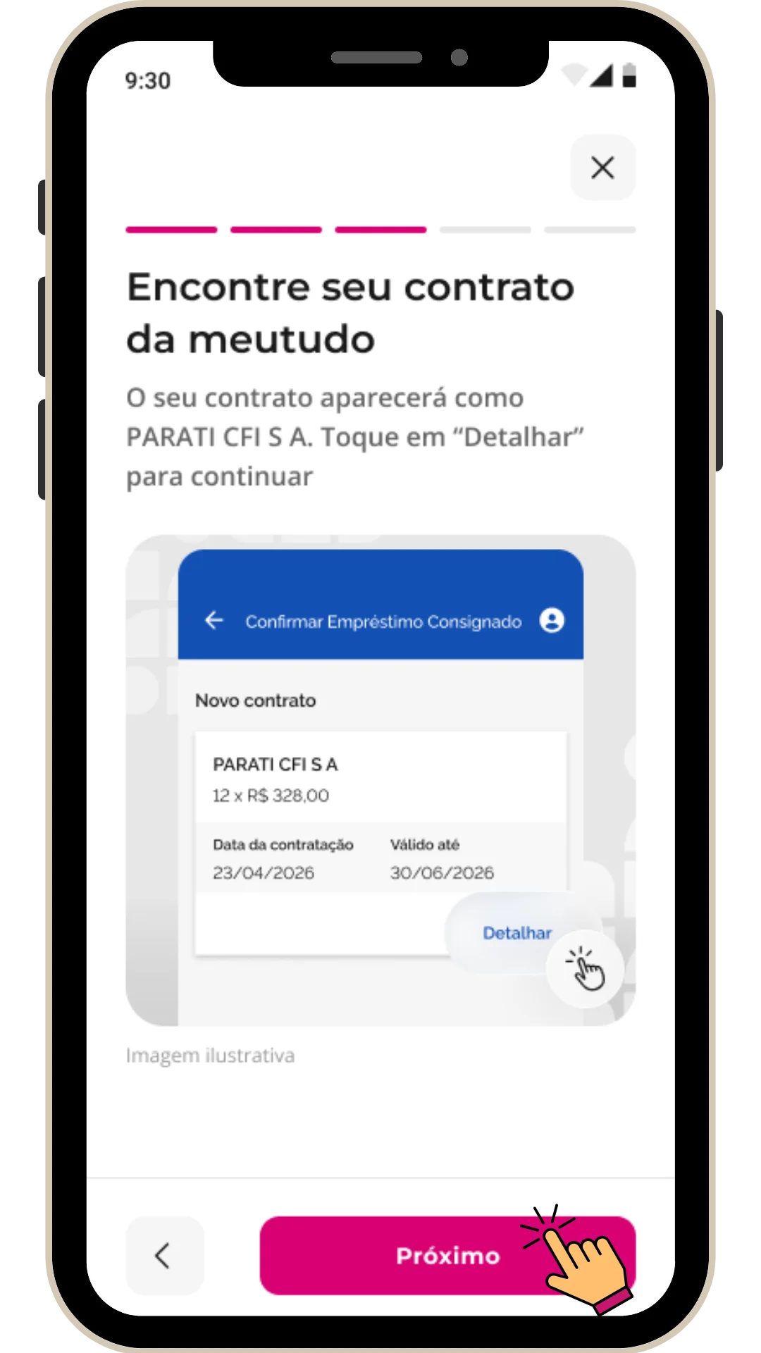 Veja a orientação para encontrar o seu contrato e toque em "Próximo"