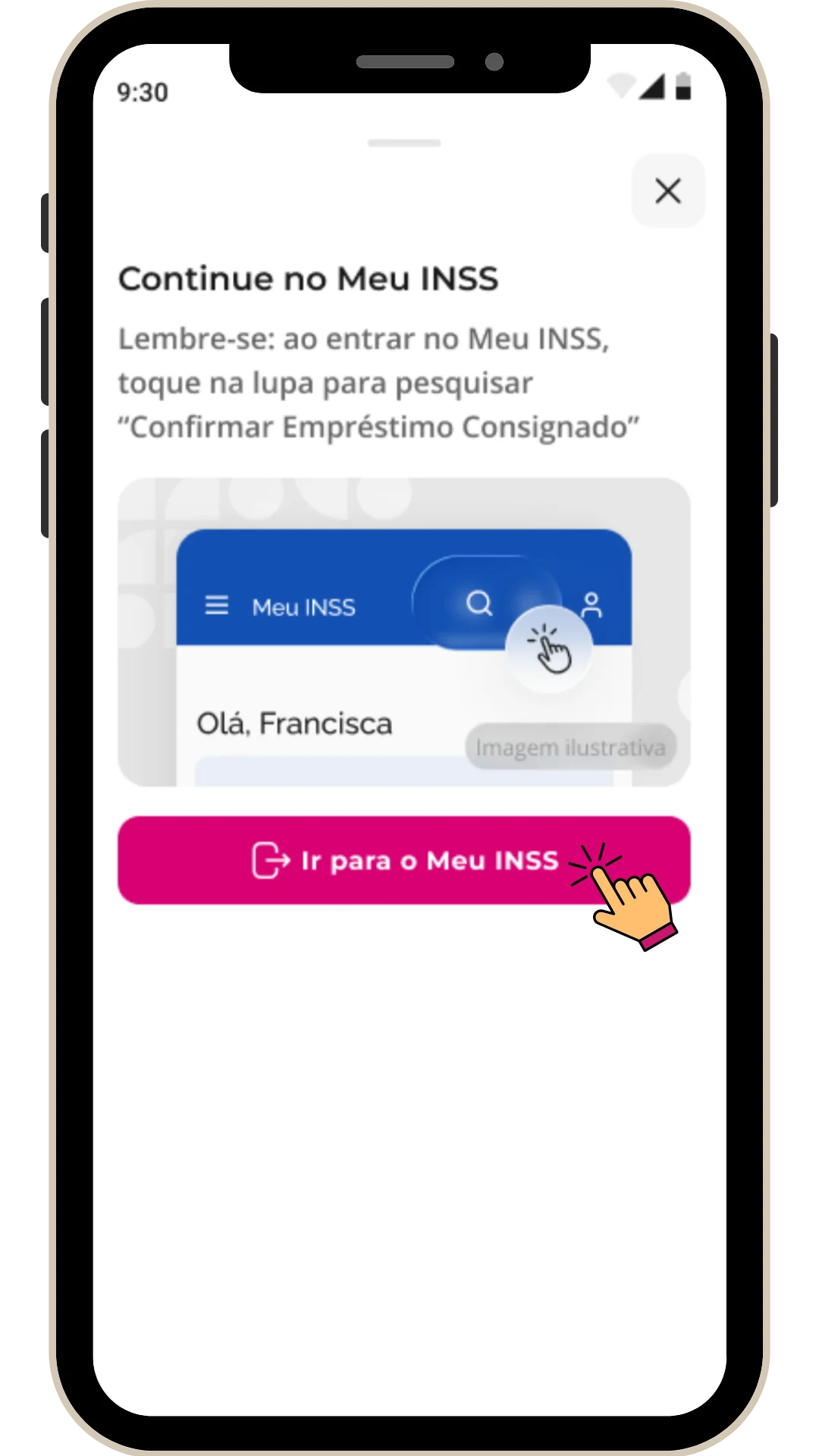 Para finalizar, toque no botão "Ir para o Meu INSS". Você será redirecionado para o portal do governo para fazer a biometria obrigatória e liberar o seu dinheiro.