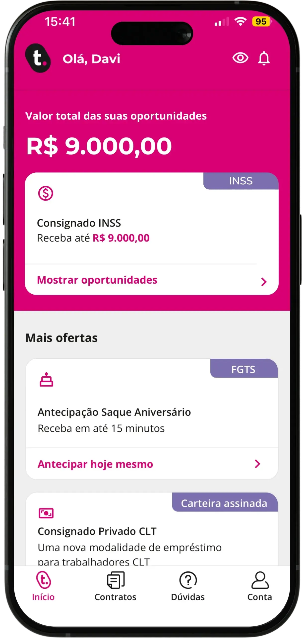 Como fazer a portabilidade de consignado INSS no app meutudo? Passo 1: Depois de baixar e entrar no app da meutudo, clique em "Mostrar oportunidades" no card "Consignado INSS".